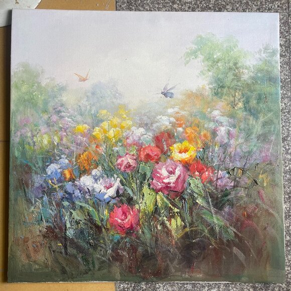 Spring Flower Field with Butterflies! This Oil Painting is Full of Romantic Vibe - Picture 1 of 8